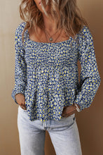 Load image into Gallery viewer, Blue Boho Floral Print Smocked Square Neck Loose Fit Blouse
