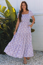 Load image into Gallery viewer, Purple Floral Short Bubble Sleeve Shirred High Waist Maxi Dress
