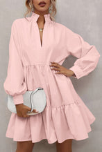 Load image into Gallery viewer, Pink Frilled Stand Collar Long Sleeve Ruffle Dress
