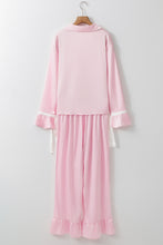Load image into Gallery viewer, Light Pink Satin Knot Accent Shirt and Ruffled Pants Lounge Set

