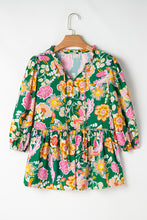 Load image into Gallery viewer, Green Floral Puff Sleeve V Neck Peplum Blouse

