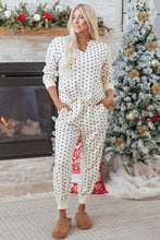 Load image into Gallery viewer, White Polka Dot Print Notched Neck Long Sleeve Top Drawstring Jogger Pants Waffle Knit Lounge Set
