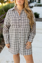 Load image into Gallery viewer, White Stripe Plus Size Plaid Buttoned Raw Hem Tunic Shirt Dress
