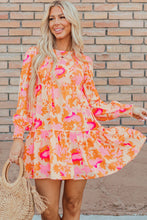 Load image into Gallery viewer, Orange Abstract Print Smocked Lantern Sleeve Ruffle Mini Dress
