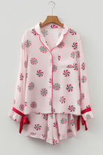 Load image into Gallery viewer, Pink Christmas Candy Contrast Trim Bow Knot Silky 2pcs Pajama Set
