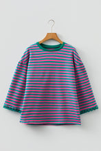 Load image into Gallery viewer, Sachet Pink Striped Print Drop Shoulder Lace Trim Bracelet Sleeve Loose Top
