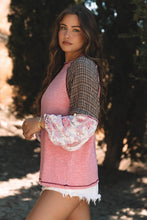 Load image into Gallery viewer, Fushia Mixed Print Raglan Sleeve Ribbed Knit Patchwork Blouse
