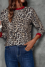Load image into Gallery viewer, Brown Leopard Print Contrast Trim Round Neck Long Sleeve Top
