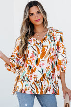 Load image into Gallery viewer, Yellow Abstract Print Drawstring Frilled V Neck 3/4 Sleeve Blouse
