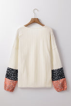 Load image into Gallery viewer, Beige Floral Patchwork Textured Knit Drawstring V Neck Blouse
