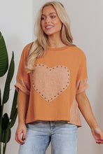 Load image into Gallery viewer, Desert Gold Stud Heart Patch Textured Front Dolman Top
