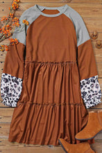 Load image into Gallery viewer, Brown Waffle Knit Leopard Patchwork Long Sleeve Dress
