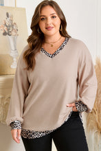 Load image into Gallery viewer, Parchment Leopard Patchwork V Neck Long Sleeve Plus Size Top
