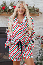 Load image into Gallery viewer, Green Stripe Contrast Velvet Ribbon Knot Christmas 2pcs Pajama Set
