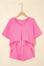 Load image into Gallery viewer, Bonbon V Neck Drop Shoulder Tee and Patchwork Drawstring Elastic Waistband Shorts Set
