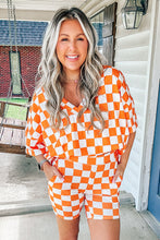 Load image into Gallery viewer, Orange Checkerboard Print V Neck Loose Tee and Shorts Lounge Set
