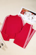Load image into Gallery viewer, Fiery Red Varsity Striped Detail Crewneck Pullover Elastic Sweatpants 2pcs Outfit
