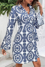 Load image into Gallery viewer, Blue Floral Print V Neck Wrapped Knot Long Sleeve Dress
