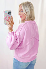 Load image into Gallery viewer, Pink Raw Edge Ribbed Detail Drop Shoulder Sweater
