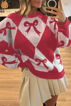 Load image into Gallery viewer, Red Bow Print 2-tone Rhombus Knit Loose Sweater
