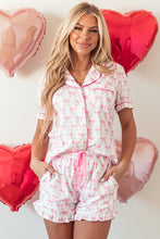 Load image into Gallery viewer, Pink Bowknot Printed Short Sleeve and Ruffled Shorts Pajama Set
