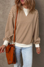 Load image into Gallery viewer, Khaki Stripe Patched Edge Textured Round Neck Long Sleeve Top
