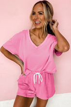 Load image into Gallery viewer, Bonbon V Neck Drop Shoulder Tee and Patchwork Drawstring Elastic Waistband Shorts Set
