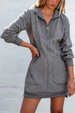 Load image into Gallery viewer, Dark Grey Zip up Collared Ribbed Patchwork Sweatshirt Dress with Pockets
