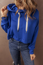 Load image into Gallery viewer, Dark Blue Solid Drop Shoulder Drawstring Cropped Hoodie
