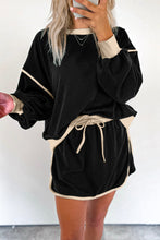 Load image into Gallery viewer, Black Color Contrast Loose Pullover and Lace-up Waist Skort Set
