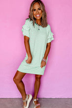 Load image into Gallery viewer, Green Stripe Ruffled Short Sleeve Crew Neck T Shirt Shift Mini Dress
