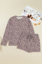 Load image into Gallery viewer, Khaki Leopard Ribbed Long Sleeve Top Drawstring Shorts 2pcs Outfit
