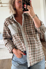 Load image into Gallery viewer, Brown Plaid Print Striped Patchwork Single Chest Pocket Buttoned Shirt
