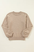 Load image into Gallery viewer, Smoke Gray Pearled Drop Shoulder Round Neck Sweater
