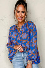 Load image into Gallery viewer, Blue Floral Print Batwing Sleeve Buttoned Loose Fit Shirt
