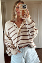 Load image into Gallery viewer, Brown Stripe Ribbed Henley Drop Shoulder Slouchy Sweater
