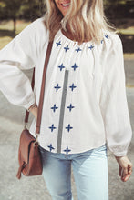 Load image into Gallery viewer, White Geometric Embroidered Long Sleeve Buttoned Blouse
