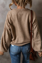 Load image into Gallery viewer, Smoke Gray Pearled Drop Shoulder Round Neck Sweater
