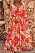 Load image into Gallery viewer, Beige Floral Print Smocked Detail V Neck Puff Sleeve Flowy Maxi Dress
