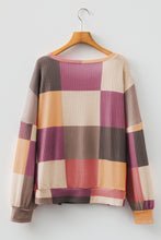 Load image into Gallery viewer, Rose Red Checkered Print Textured Knit Long Sleeve Loose Top

