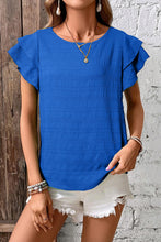 Load image into Gallery viewer, Dark Blue Textured Ruffled Sleeve Round Neck Top
