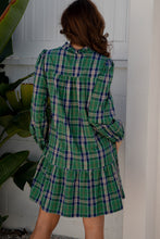 Load image into Gallery viewer, Green Plaid Print Frilly Collar Long Sleeve Shift Mini Dress
