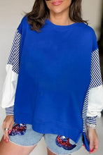 Load image into Gallery viewer, Dark Blue Striped Patchwork Sleeve Colorblock Sweatshirt
