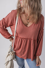 Load image into Gallery viewer, Mineral Red Solid Color Textured Frilled Trim V Neck Puff Sleeve Blouse
