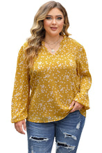 Load image into Gallery viewer, Yellow Plus Size Floral Print Ruched Split Neck Blouse
