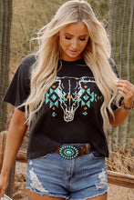 Load image into Gallery viewer, Carbon Grey Vintage Western Bull Head Skull Turquoise Aztec Graphic T Shirt
