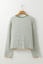 Load image into Gallery viewer, Green Stripe Textured Frilly Trim Buttons Henley Long Sleeve Top
