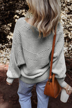 Load image into Gallery viewer, Medium Grey Striped Print Ribbed Knit Boat Neck Baggy Sweater
