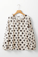 Load image into Gallery viewer, White Printed Split Neck Bubble Sleeve Loose Blouse
