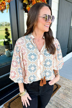 Load image into Gallery viewer, Khaki Geometric Print Tassel Tie Split Neck Balloon Sleeve Blouse
